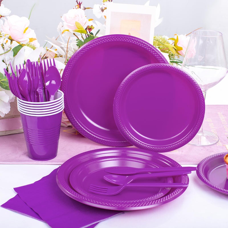 WELLIFE 210Pcs Purple Plastic Dinnerware Set  Party Supplies Including Party Plates and Cups and Napkins Sets for 30 Guests  Purple Plastic Plates - Image 3