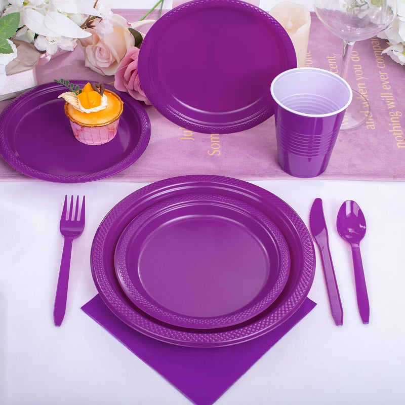 WELLIFE 210Pcs Purple Plastic Dinnerware Set  Party Supplies Including Party Plates and Cups and Napkins Sets for 30 Guests  Purple Plastic Plates - Image 4