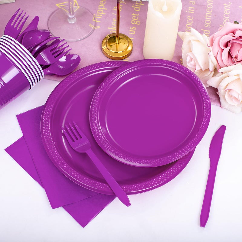 WELLIFE 210Pcs Purple Plastic Dinnerware Set  Party Supplies Including Party Plates and Cups and Napkins Sets for 30 Guests  Purple Plastic Plates - Image 2