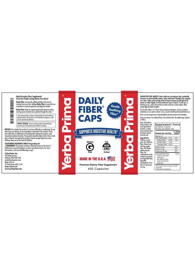 Yerba Prima Daily Fiber Caps Formula 400 Capsules Both Soluble And Insoluble With Psyllium Seed Husks Acacia Gum Apple Fiber And More Dietary Supplement - Image 5