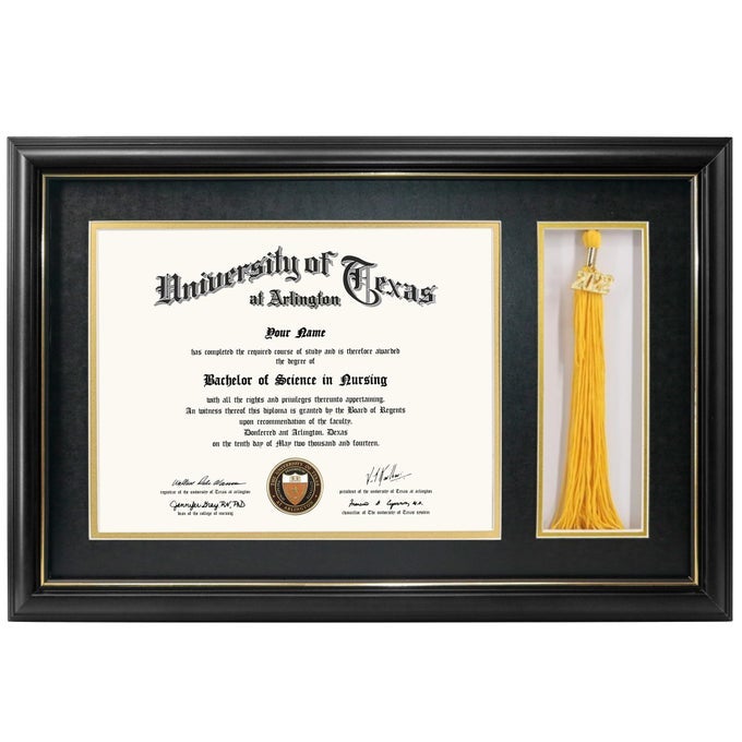 11X17 BLACK WOOD DIPLOMA FRAME WITH TASSEL HOLDER FOR 85X11 CERTIFICATE DOCUMENTREAL GLASSBLACK OVER GOLD MAT