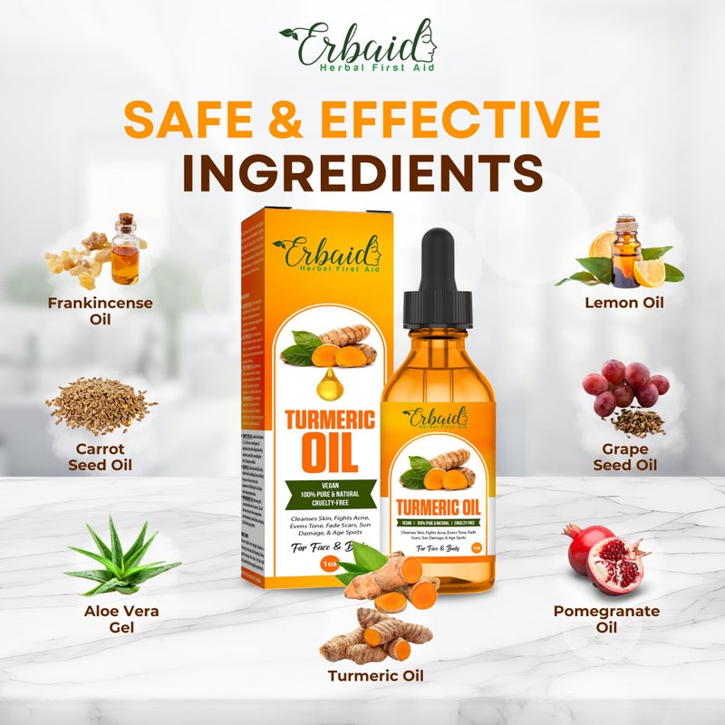 Erbaid Turmeric Oil â€“ Dark Spot Facial Serum for Face & Body â€“ Natural Skin Brightening Serum & Hyperpigmentation Treatment â€“ Turmeric Glow Serum Cleanses, Fights Acne, Evens Tone, Scars â€“ for All Skin Types - Image 5