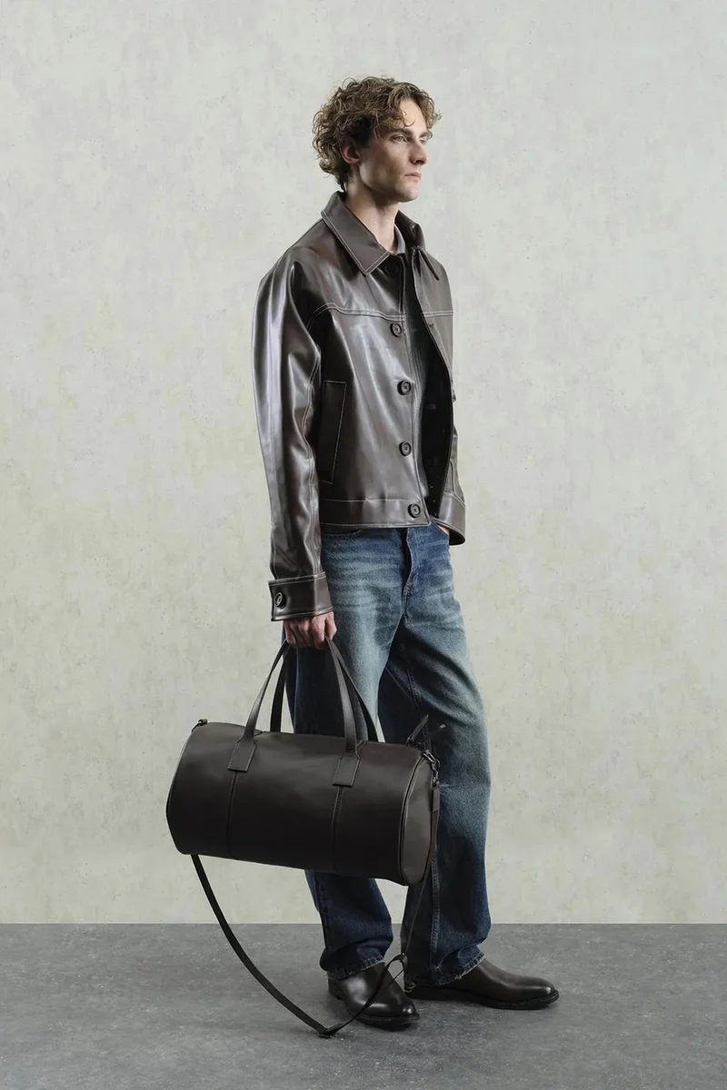 Giesto Mocha Brown GIESTO Faux Leather Relaxed Fit Buttoned Jacket for Men | Best Price UAE