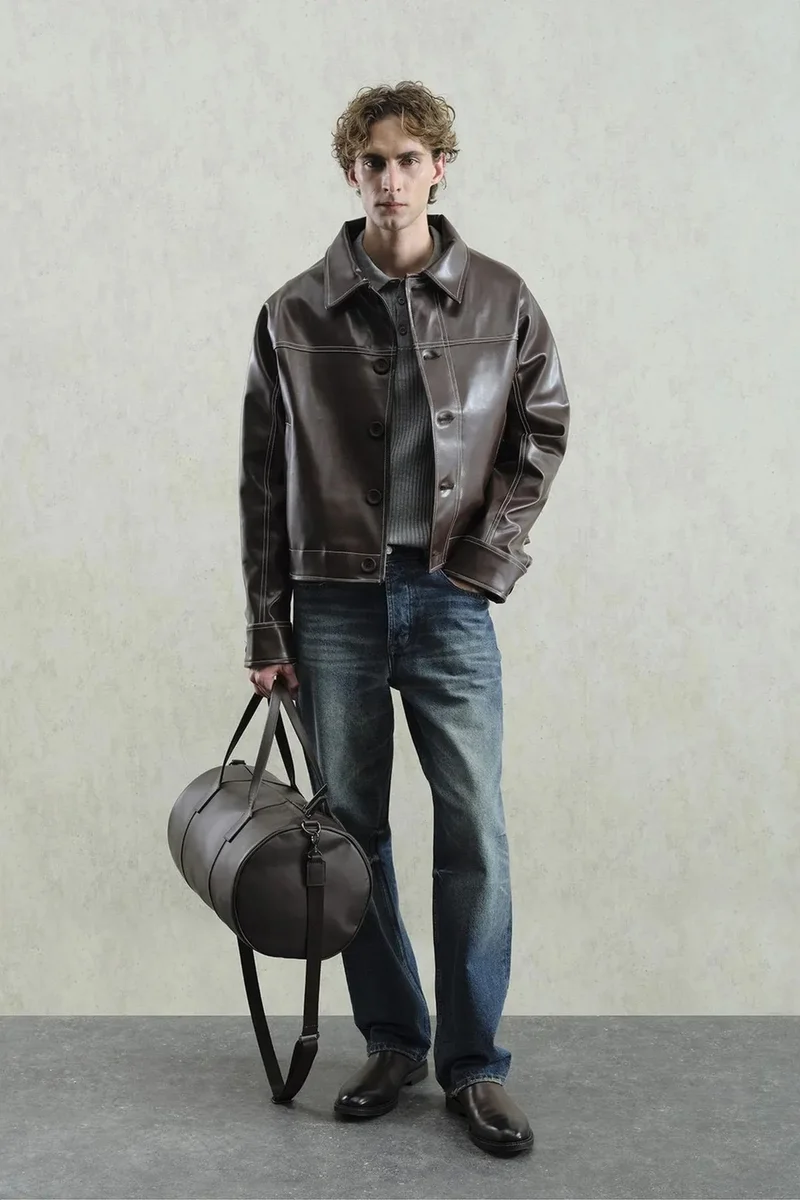 GIESTO Faux Leather Relaxed Fit Buttoned Jacket