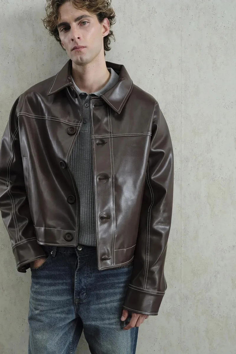 Giesto Mocha Brown GIESTO Faux Leather Relaxed Fit Buttoned Jacket for Men | Best Price UAE
