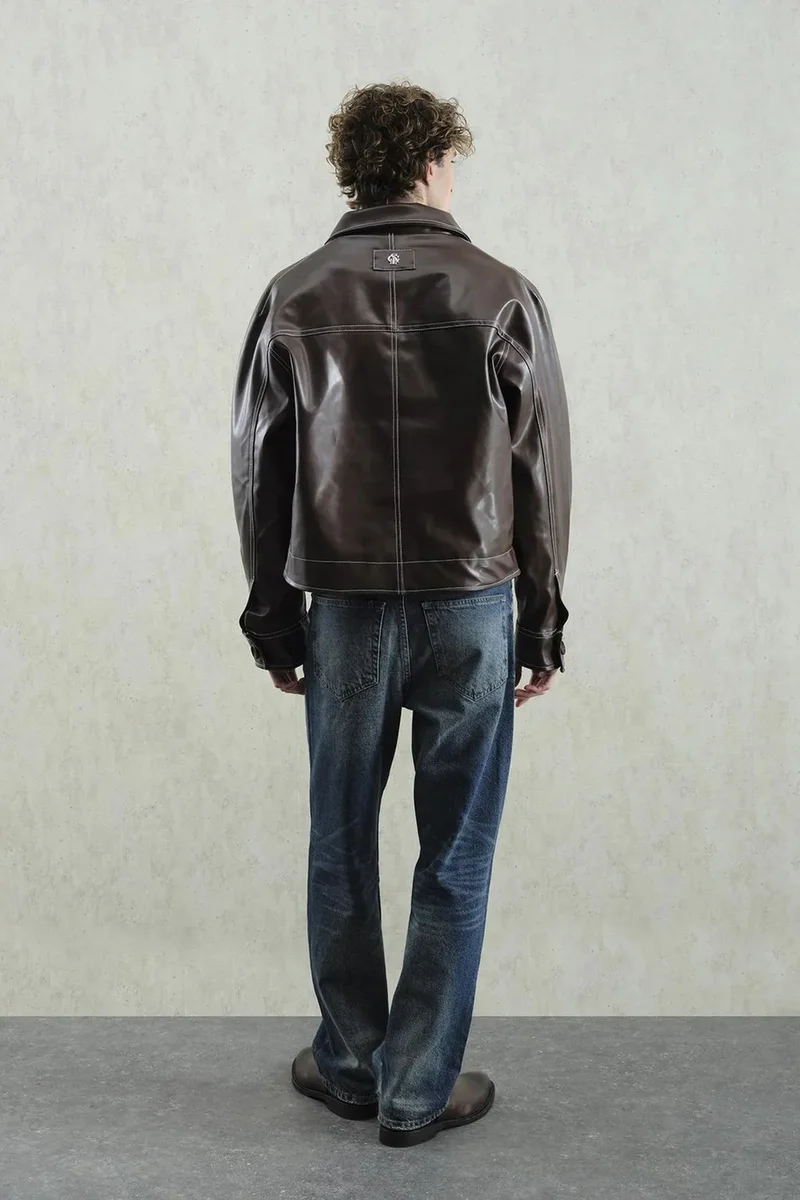 Giesto Mocha Brown GIESTO Faux Leather Relaxed Fit Buttoned Jacket for Men | Best Price UAE