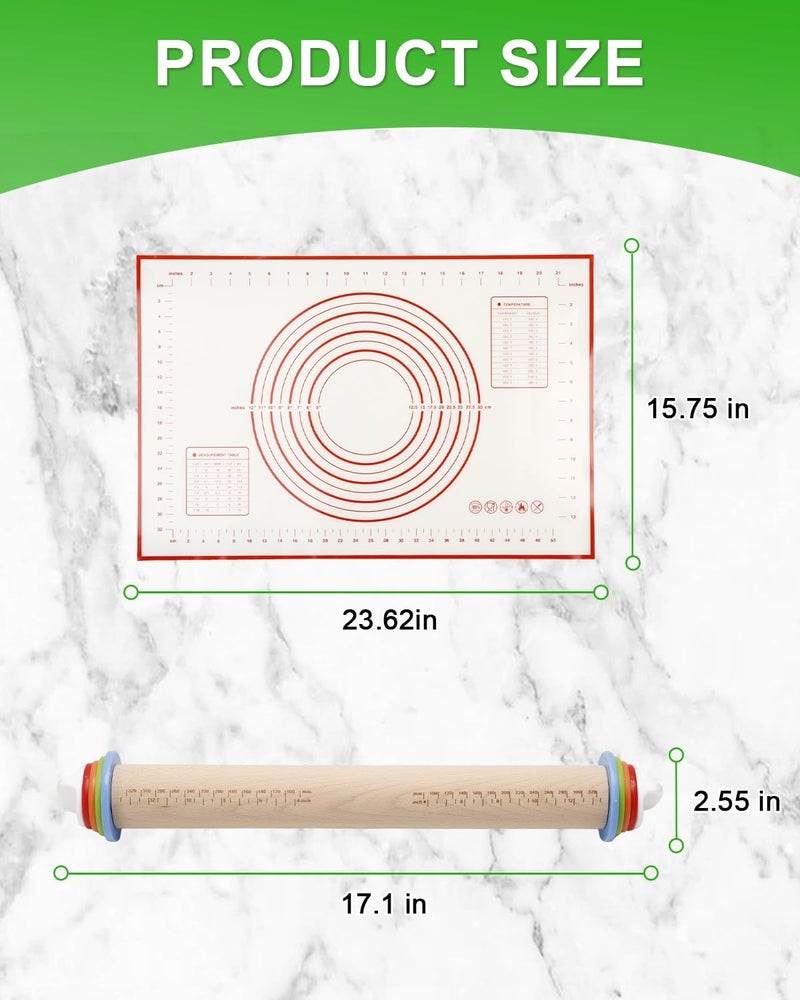 PROKITCHEN 16.7" Rolling Pin with Adjustable Thickness Rings, Wooden Dough Roller, Rolling Pins for Baking, Fondant, Pizza, Pie Crust, Cookie, Pastry, Roller Rod for Dough Thickness, 2-Piece Set - Image 2