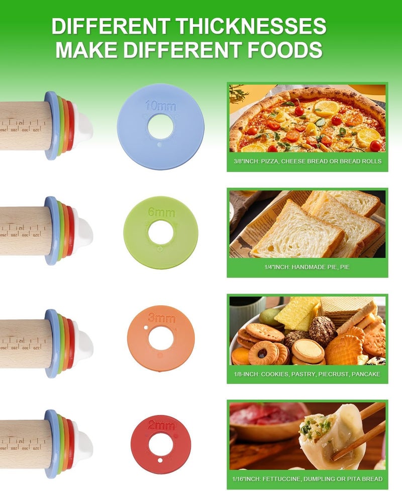 PROKITCHEN 16.7" Rolling Pin with Adjustable Thickness Rings, Wooden Dough Roller, Rolling Pins for Baking, Fondant, Pizza, Pie Crust, Cookie, Pastry, Roller Rod for Dough Thickness, 2-Piece Set - Image 5