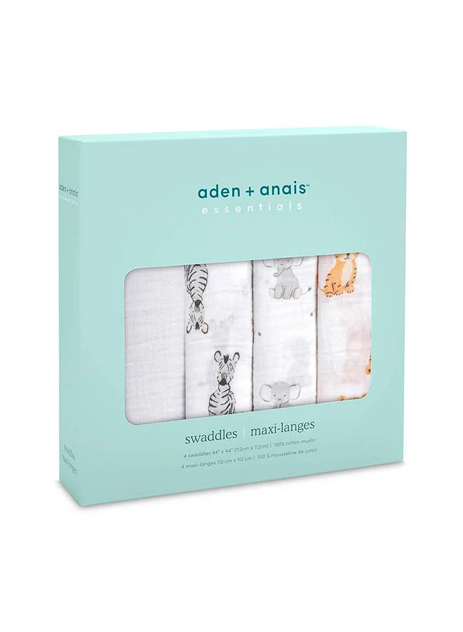 aden + anais Pack of 4 Essentials Cotton Muslin Swaddle Blanket Safari Babes