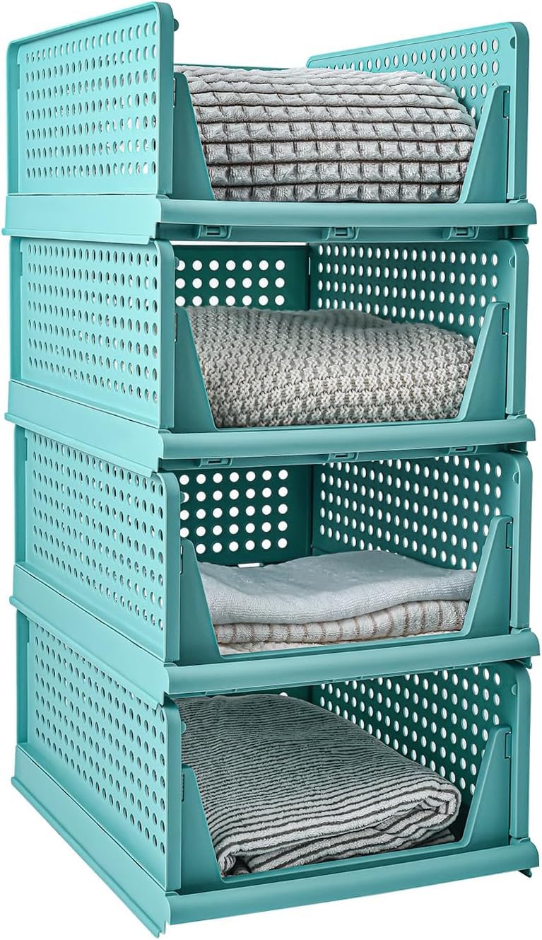 JEYANG Plastic Clothes Organizer For Wardrobe - Foldable And Stackable Closet Cupboard Almirah Space Organiser For Shirt, T Shirt, Jeans (Pack Of 12, Sky Blue) - Image 1