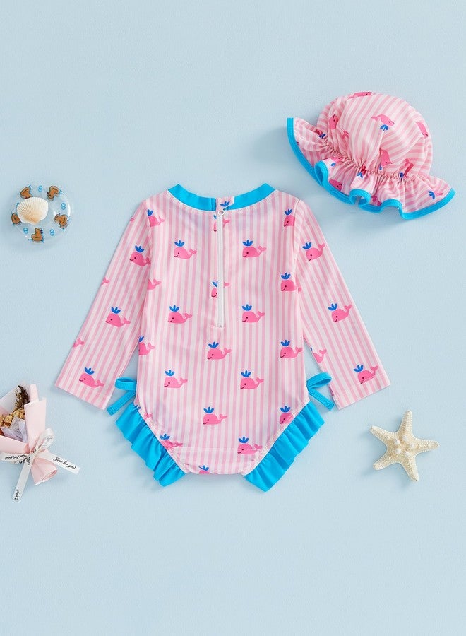 Socutebabe ملابس سباحة للأطفال حديثي الولادة، مزينة بطبعة حوت، قطعة واحدة، بأكمام طويلة مكشكشة، ملابس سباحة للأطفال الرضع (وردي، حديثي الولادة) - Image 4