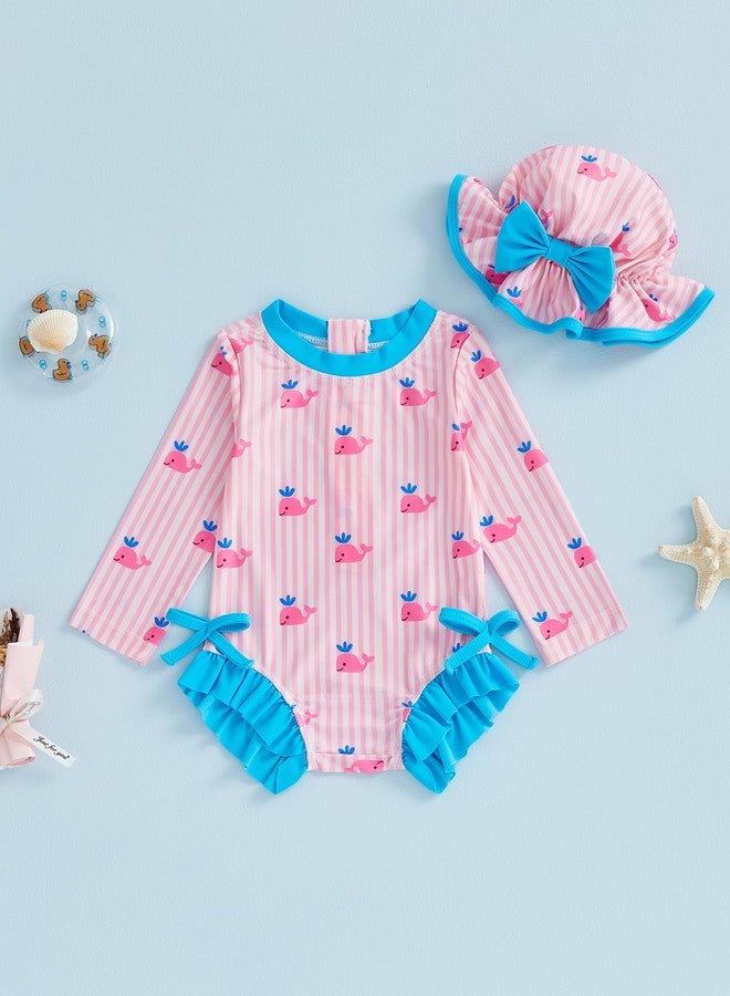 Socutebabe ملابس سباحة للأطفال حديثي الولادة، مزينة بطبعة حوت، قطعة واحدة، بأكمام طويلة مكشكشة، ملابس سباحة للأطفال الرضع (وردي، حديثي الولادة) - Image 3