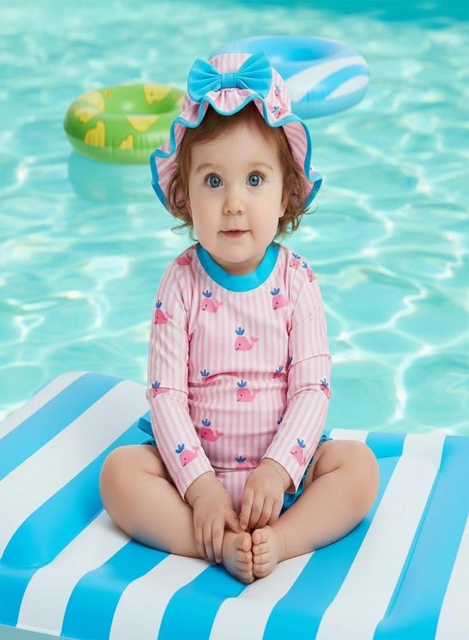 Socutebabe ملابس سباحة للأطفال حديثي الولادة، مزينة بطبعة حوت، قطعة واحدة، بأكمام طويلة مكشكشة، ملابس سباحة للأطفال الرضع (وردي، حديثي الولادة) - Image 2