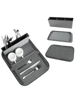 Generic Foldable Dish Drying Rack with Mat for Kitchen Table and Small Plates Camping Accessories Set Absorbent Microfiber Drainer Multifunctional Kitchen Grey  - Image 5