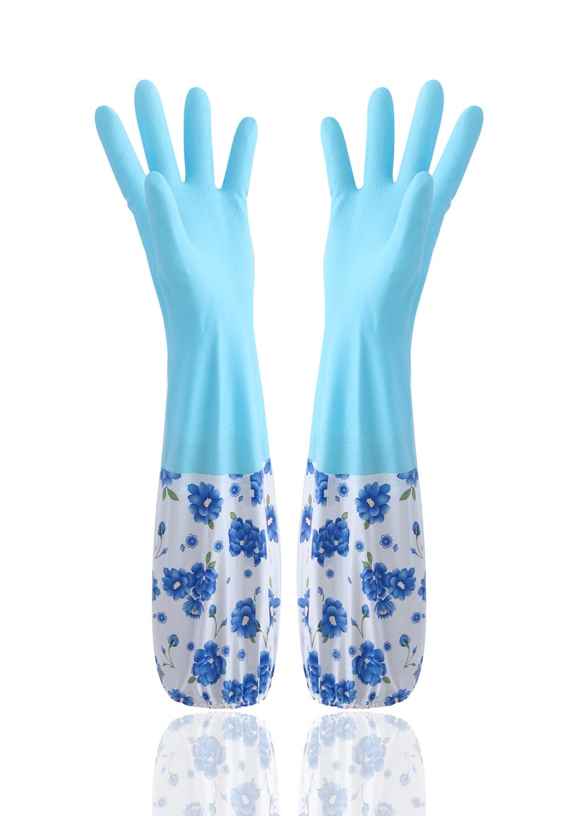 Fleece-lined dishwashing gloves winter sleeve thickened rubber kitchen cleaning sanitary household laundry latex warm gloves Blue Blue