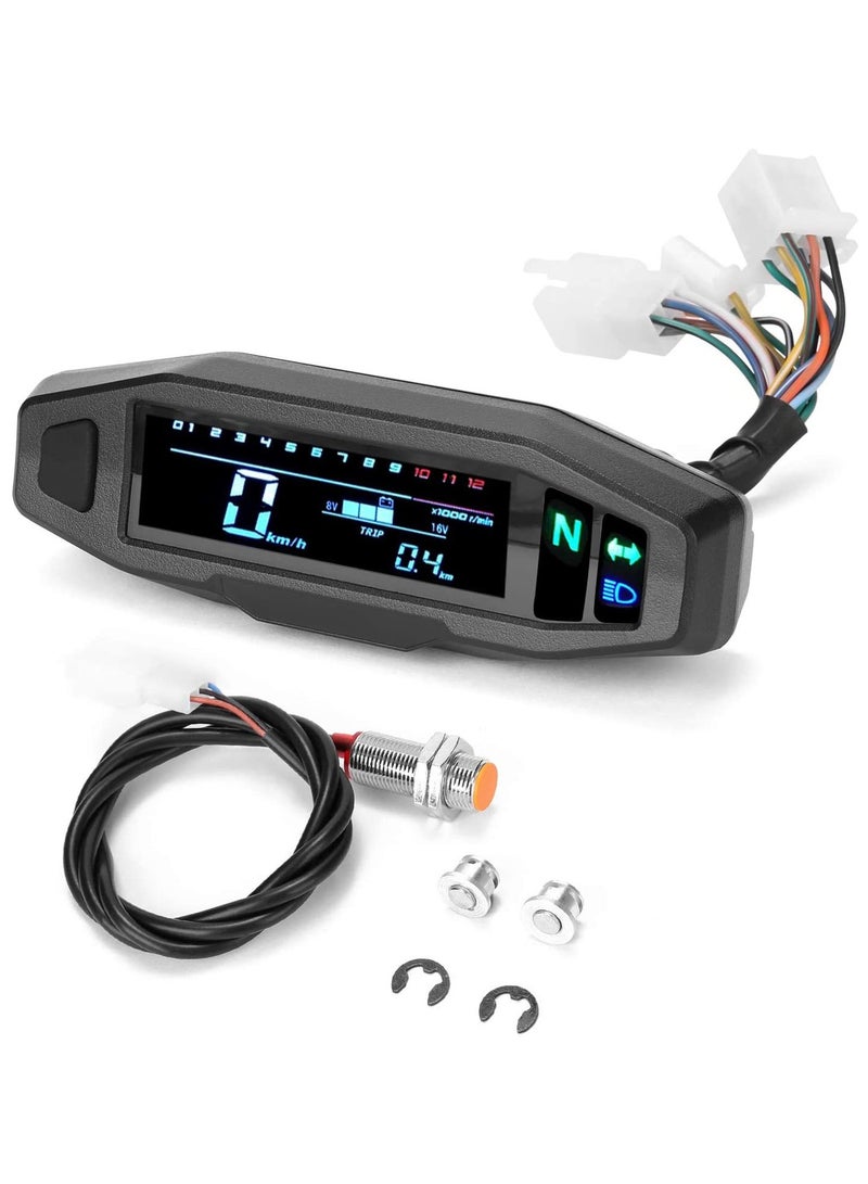 عداد سرعة للدراجات النارية بشاشة LCD، مؤشر دورات المحرك والتروس، مقاوم للماء، عداد وقود، إضاءة خلفية بيضاء، سهل التركيب، متوافق مع معظم الدراجات النارية
