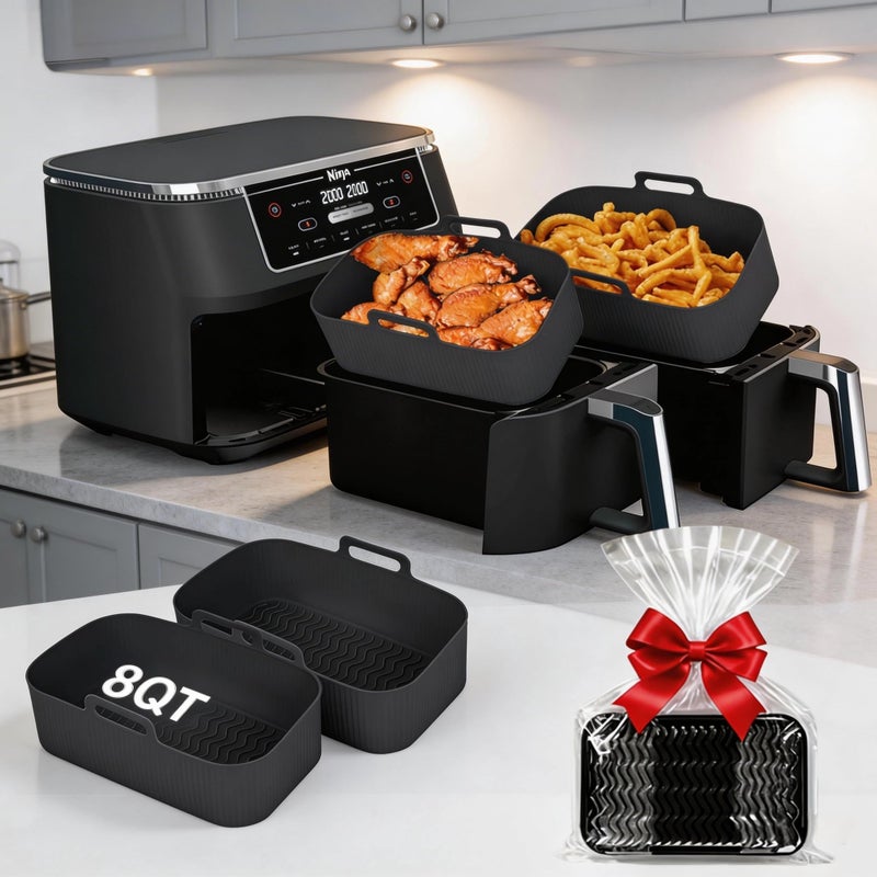 lovdiot Silicone Air Fryer Liners for Ninja - Reusable DZ201 8QT Dual Basket - Rectangular 2-Pack Vacuum-Packed Easy-Clean Dishwasher-Safe Food-Safe for Home Chefs - Housewarming Gifts - Image 1