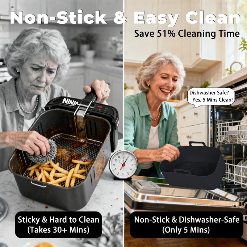 lovdiot Silicone Air Fryer Liners for Ninja - Reusable DZ201 8QT Dual Basket - Rectangular 2-Pack Vacuum-Packed Easy-Clean Dishwasher-Safe Food-Safe for Home Chefs - Housewarming Gifts - Image 4