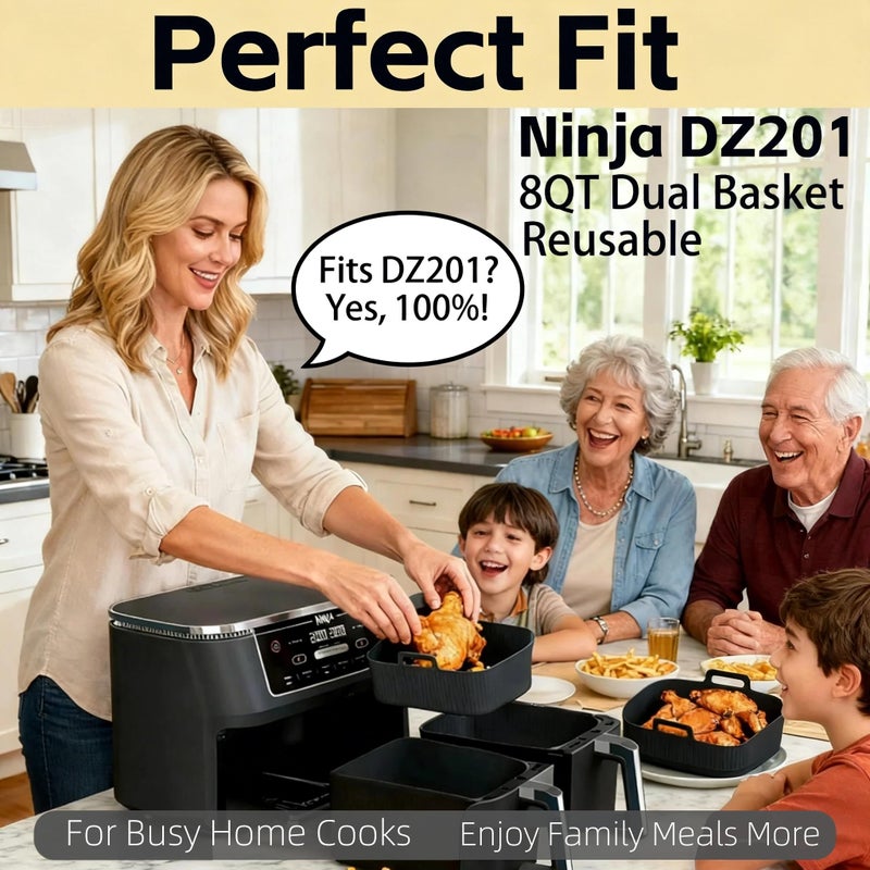 lovdiot Silicone Air Fryer Liners for Ninja - Reusable DZ201 8QT Dual Basket - Rectangular 2-Pack Vacuum-Packed Easy-Clean Dishwasher-Safe Food-Safe for Home Chefs - Housewarming Gifts - Image 3