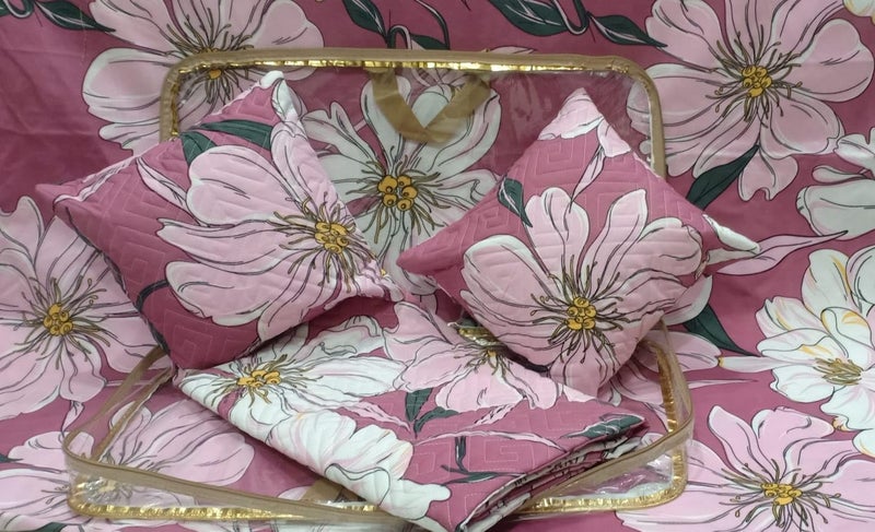 Premium 100 Cotton Feel 220 TC Floral Printed Bedsheet 1 King Size Bedsheet 2 Quilted Pillow Cover 2 Quilted Filled Cushion Cover Pack of 5 Pcs Set Wrinkle Free Super Soft Purple  - Image 1