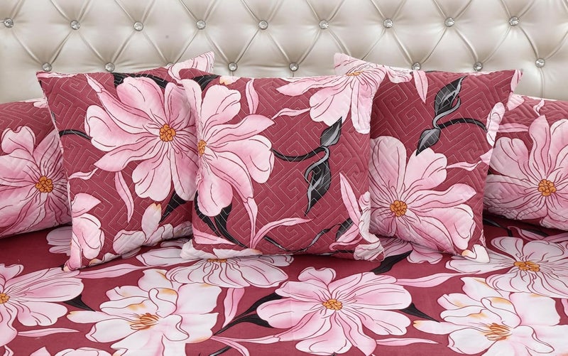 Premium 100 Cotton Feel 220 TC Floral Printed Bedsheet 1 King Size Bedsheet 2 Quilted Pillow Cover 2 Quilted Filled Cushion Cover Pack of 5 Pcs Set Wrinkle Free Super Soft Purple  - Image 2