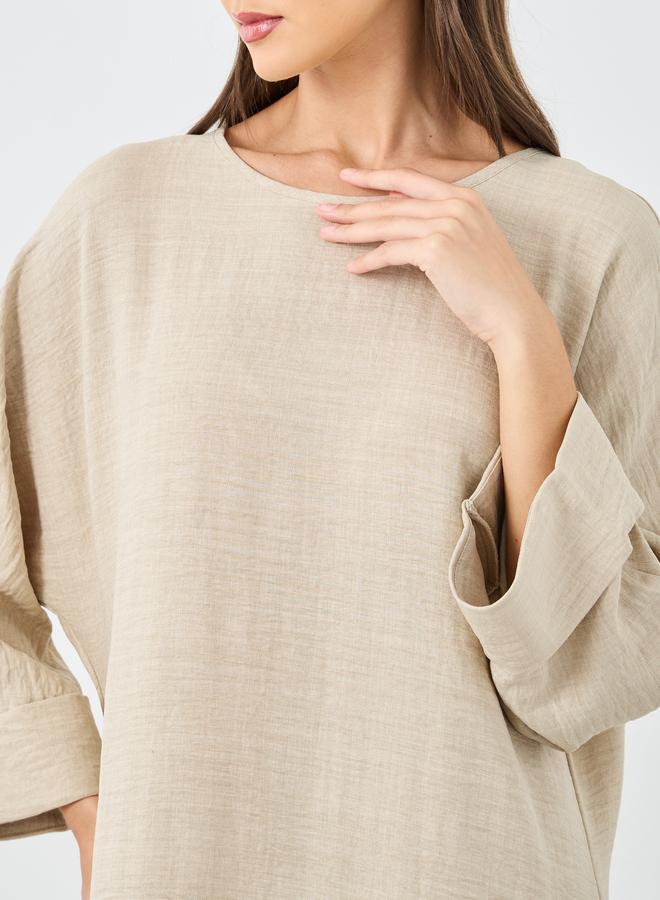Styli Women Beige Plain Batwing Sleeve Jalabiya - Image 4