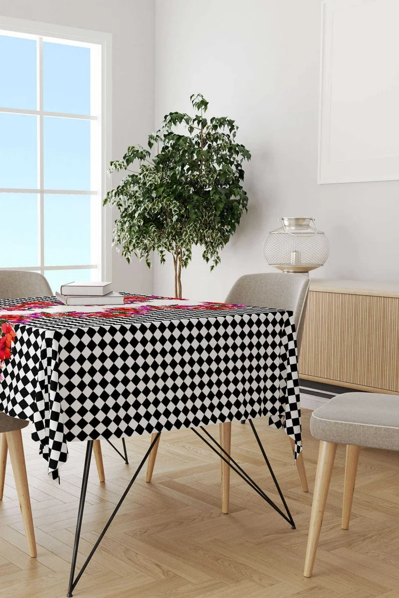 Cango Home Black and White Checkered Floral Patterned Digital Printed Tablecloth CGH1106-2-MS