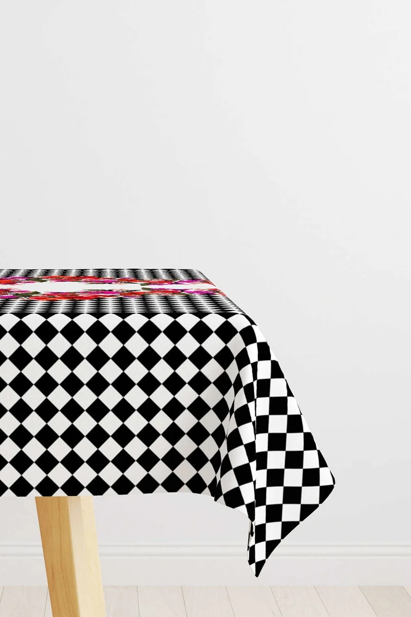 Cango Home Black and White Checkered Floral Patterned Digital Printed Tablecloth CGH1106-2-MS