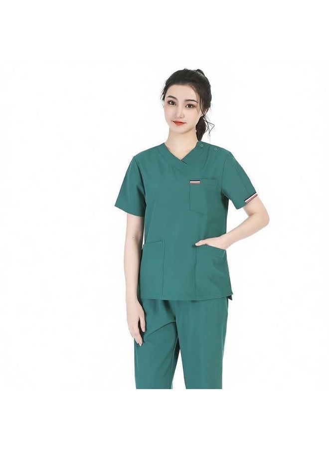 Womens V-Neck Scrubs Set Classic fit Short Sleeves Top & Slim Pants Soft Fabric Medical Nursing Uniform Green