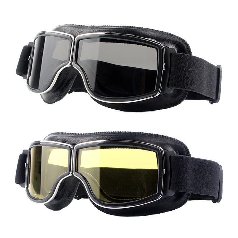 LJDJ Motorcycle Goggles2 Pack Vintage Anti Fog Pilot PU Leather Glasses Dustproof ATV Off Road Motorbike Helmet Eyewear Protect for Ridding Motorcross Classes Aviator Goggles for Men Women Adult