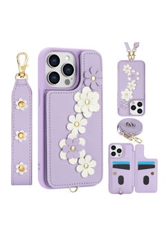 for iPhone 16 Pro Max Case, Wallet with Card Holder, Cute Flower Design Crossbody Phone Purse for Women, PU Leather Magnetic Kickstand Shockproof Cover with Wrist Strap Phone Case 6.9"(Purple)