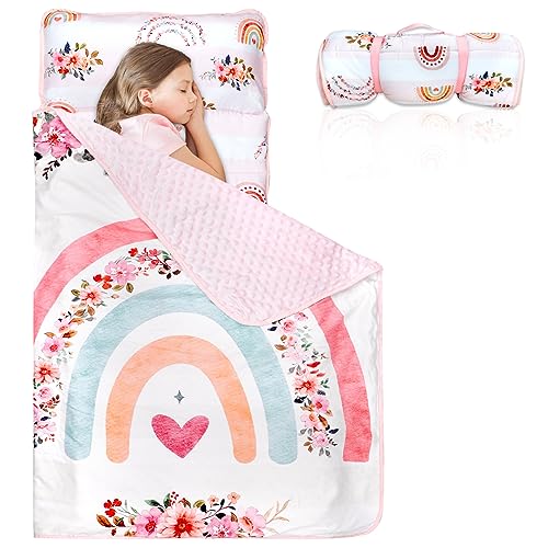 Pea Pod Toddler Nap Mat with Removable Pillow and Soft Dot Minky Blanket Pea Pod Kids Rainbow Floral Napping Mats Extra Large Rolled Slumber Bags for Girls Preschool Daycare 229 x 512inches Ages 37 Years 