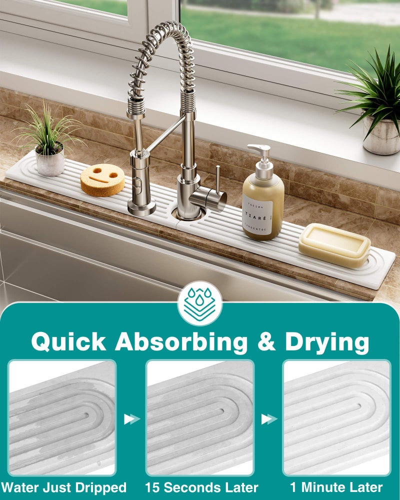 DK177 Stone Faucet Mat for Kitchen Sink, Diatomite Sink Protectors - Prevent Moisture Drying Stone Tray Fit Kitchen Counter & Bathroom Counter (White, 15.8" x 4") - Image 2