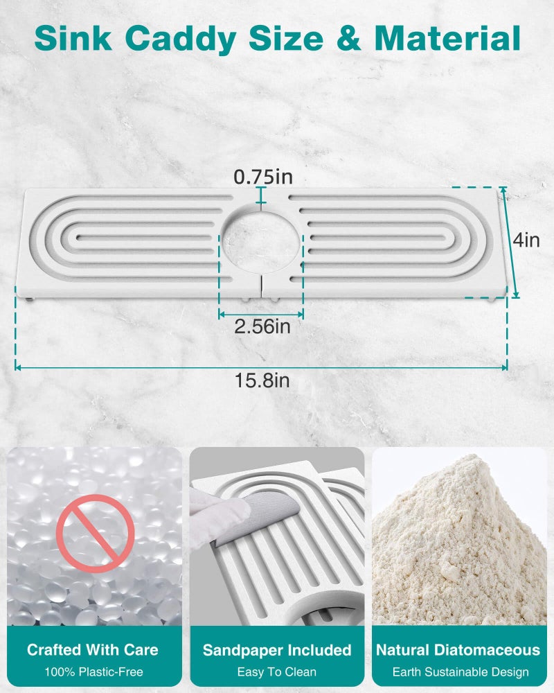 DK177 Stone Faucet Mat for Kitchen Sink, Diatomite Sink Protectors - Prevent Moisture Drying Stone Tray Fit Kitchen Counter & Bathroom Counter (White, 15.8" x 4") - Image 3