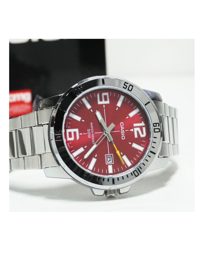 CASIO Quartz Analog Red Dial Stainless Steel Men's Watch MTP-VD01D-4B - Image 3