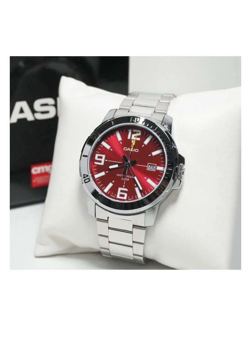 CASIO Quartz Analog Red Dial Stainless Steel Men's Watch MTP-VD01D-4B - Image 4