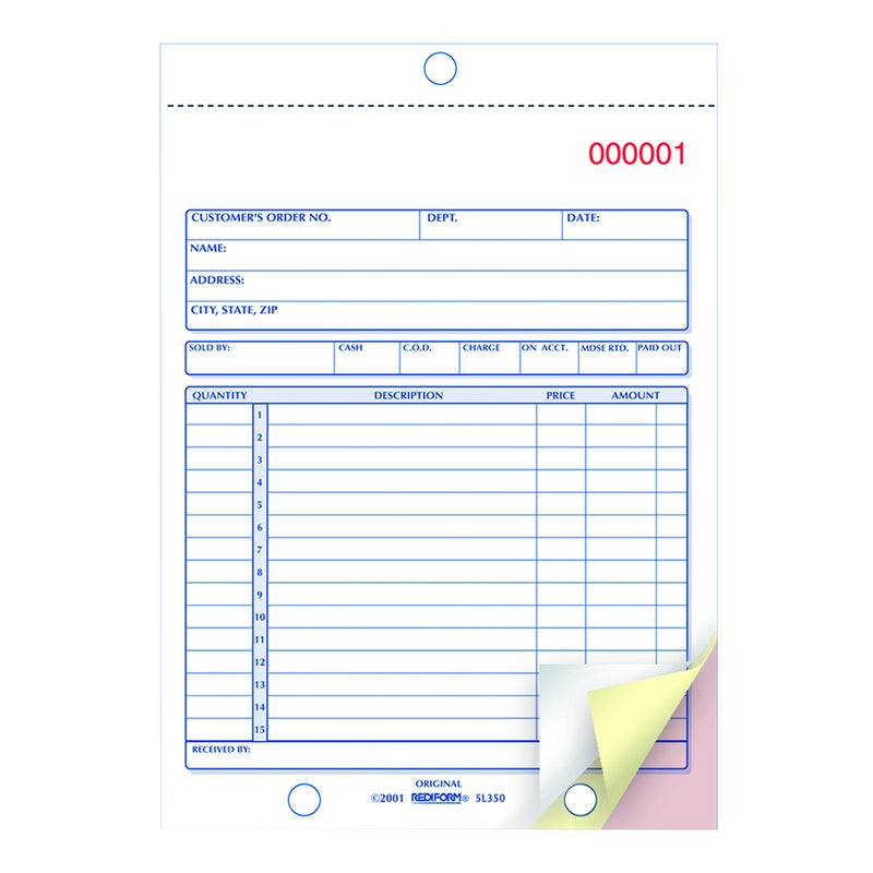 Rediform Sales Order Book, Manifold Cover, Carbonless Triplicate Forms, 5.5" x 8", 50 Numbered Sets (5L350) - Image 3
