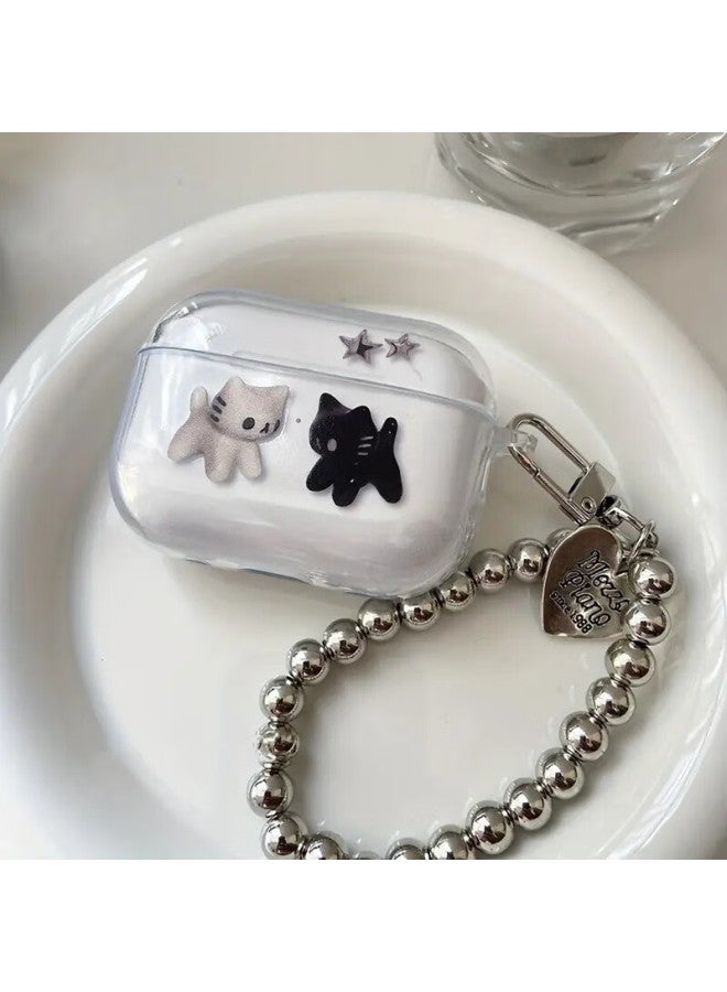 Beiyipin Compatible With Apple Airpods 4 Case Black And White Two Cats Airpods Pro 2 Protective Case Wireless Bluetooth Cartoon Cute Girls Drop-proof Transparent Simple - Image 4