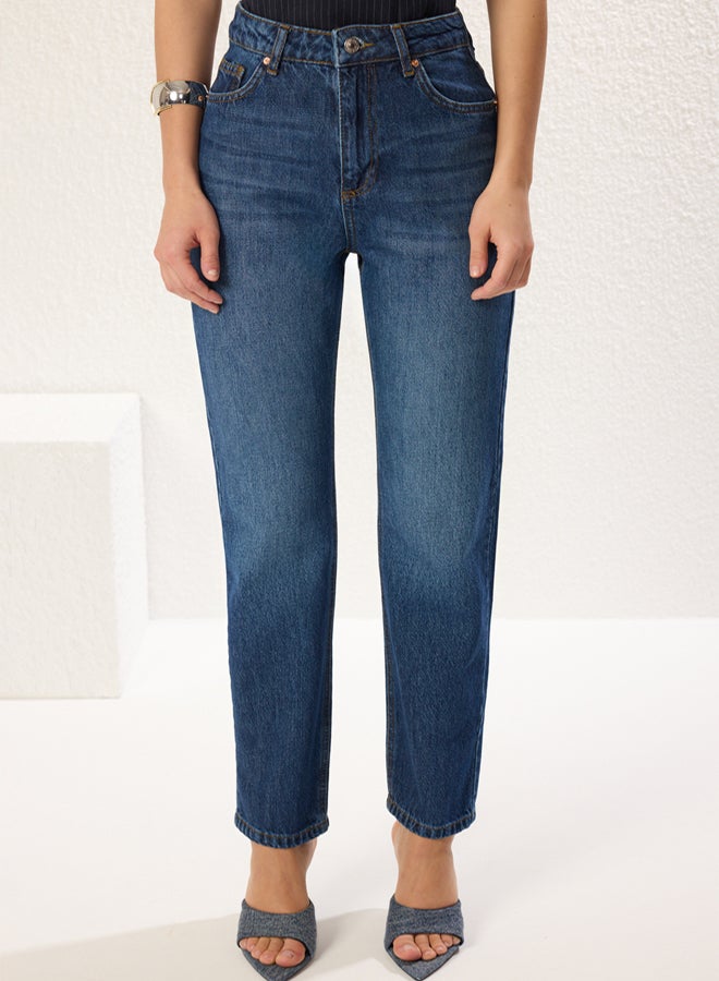 trendyol Dark Blue High Waist Straight Cut Straight Jeans - Image 3
