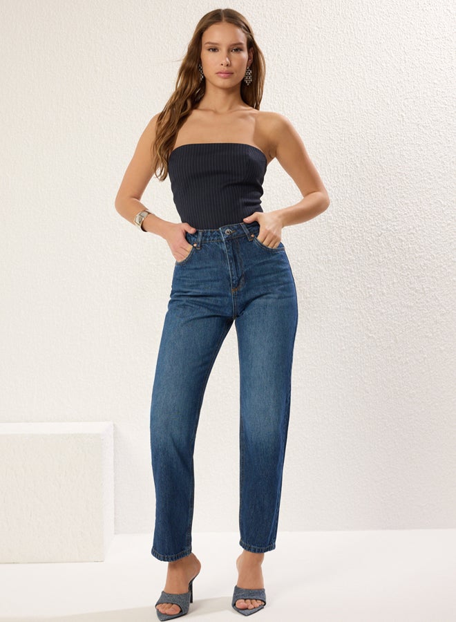 trendyol Dark Blue High Waist Straight Cut Straight Jeans - Image 1