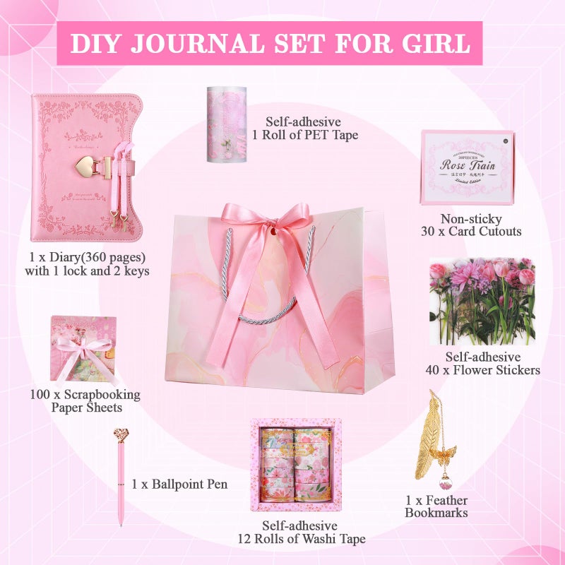 Janlaugh DIY مجلة يوميات مع قفل مجموعة سجل القصاصات عدة مذكرات يوميات ثابتة لوازم الحرف الفنية عدة لعطلات عيد الميلاد هدايا مثالية للنساء الفتيات في سن المراهقة (الوردي الكلاسيكي) - Image 3