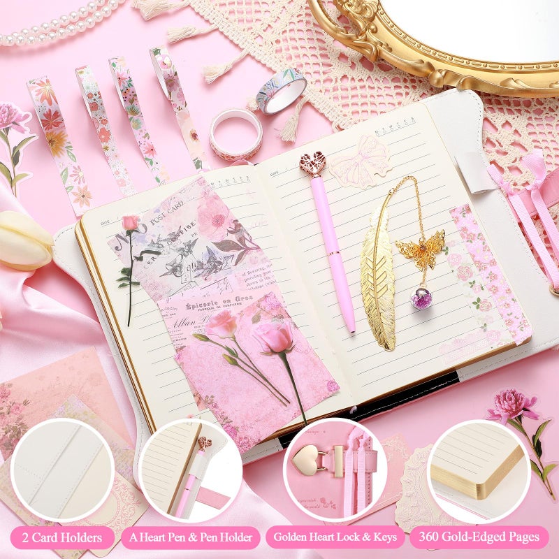 Janlaugh DIY مجلة يوميات مع قفل مجموعة سجل القصاصات عدة مذكرات يوميات ثابتة لوازم الحرف الفنية عدة لعطلات عيد الميلاد هدايا مثالية للنساء الفتيات في سن المراهقة (الوردي الكلاسيكي) - Image 4