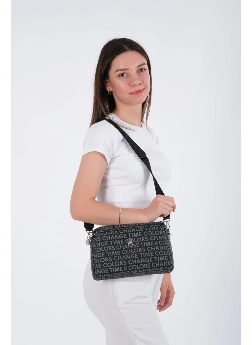 Newish Polo Black Patterned Fabric Cross Shoulder Women's Bag