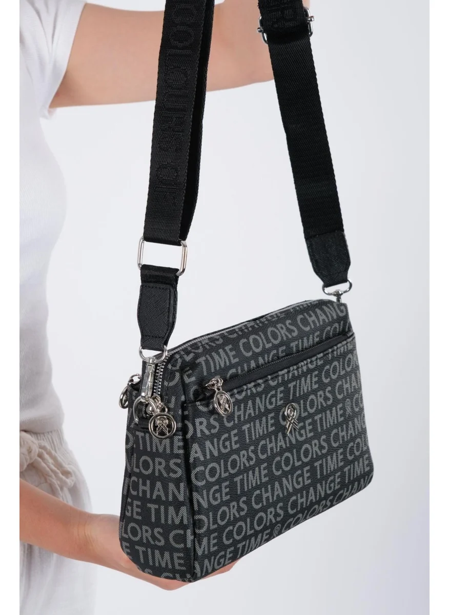 Newish Polo Black Patterned Fabric Cross Shoulder Women's Bag
