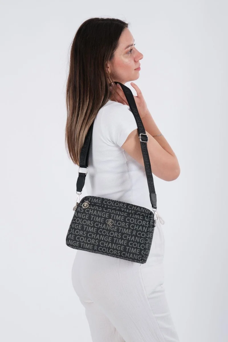 Newish Polo Black Patterned Fabric Cross Shoulder Women's Bag