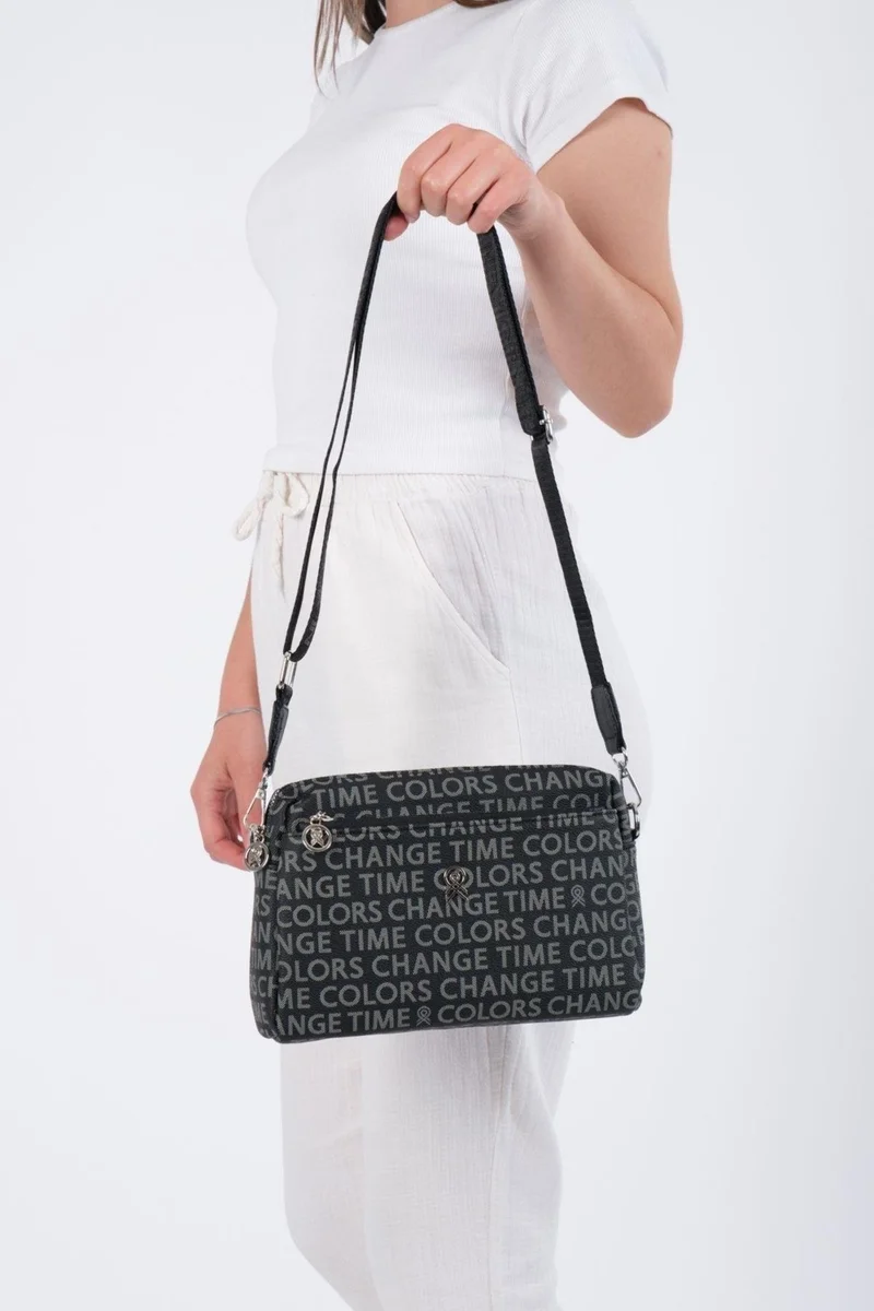 Newish Polo Black Patterned Fabric Cross Shoulder Women's Bag