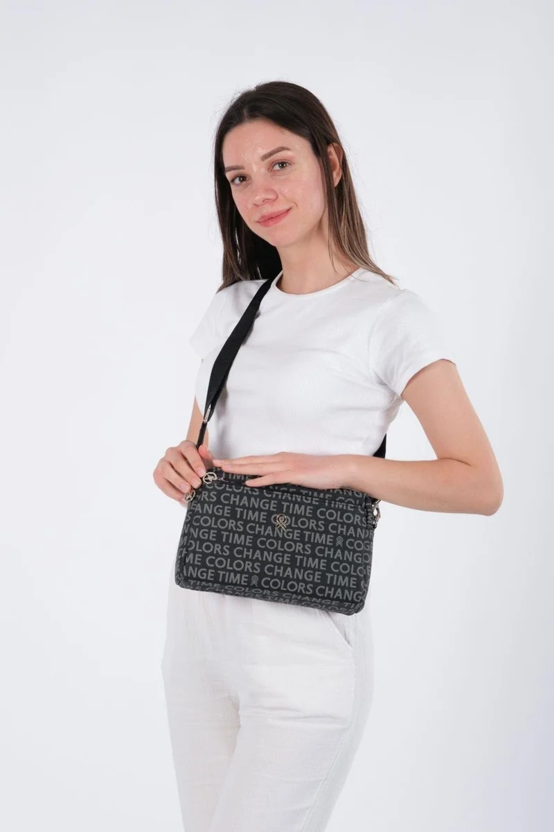 Newish Polo Black Patterned Fabric Cross Shoulder Women's Bag