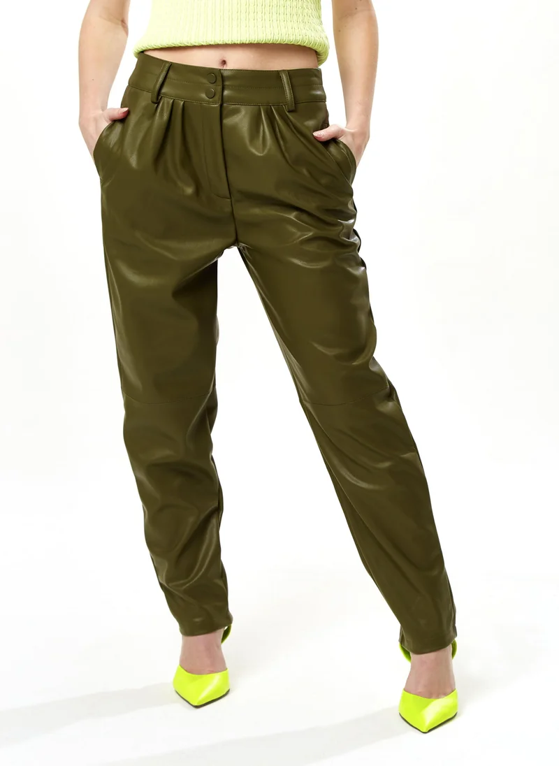 Liquorish Tapered Leather Look Trousers in Khaki