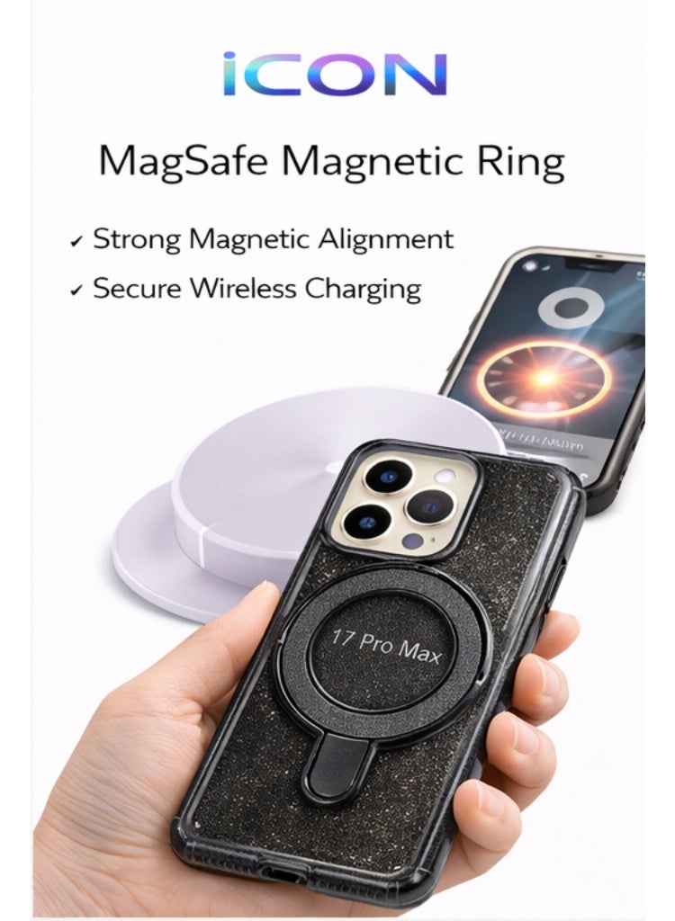 آيكون جراب ICON شفاف لامع أسود مع حلقة مغناطيسية MagSafe وحامل لهاتف iPhone 17 Pro Max – حماية كاملة مقاوم للصدمات - Image 2