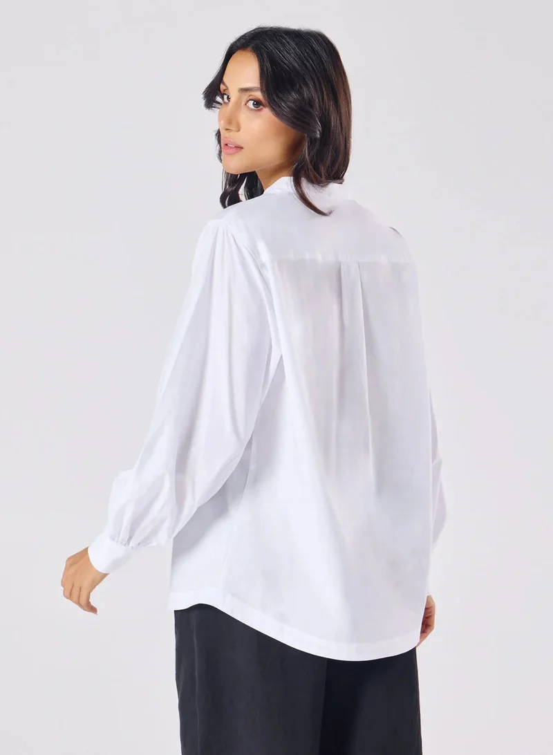 Zigzag Mandarin  Collar Cotton Oversized Shirt- Pure White